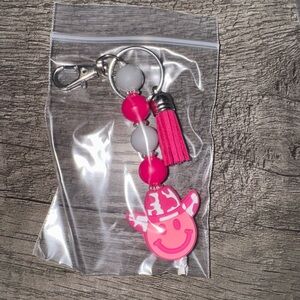 Pink and White Smiley Keychain with Tassel
